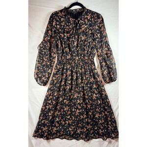 Dress Forum Floral Midi Dress Black Pink Blue Smocked Waist Ruffle sz S wedding